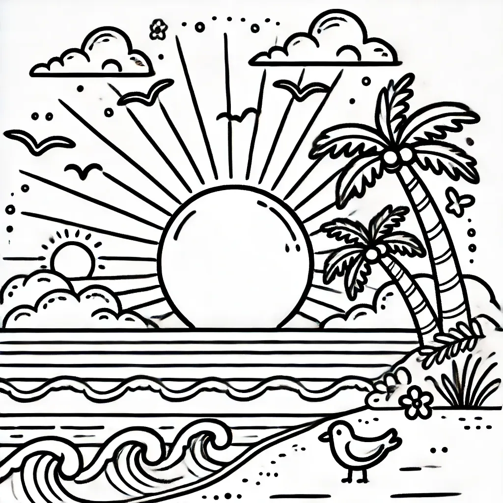 Tropischer Sonnenuntergang mit Palmen und Strand