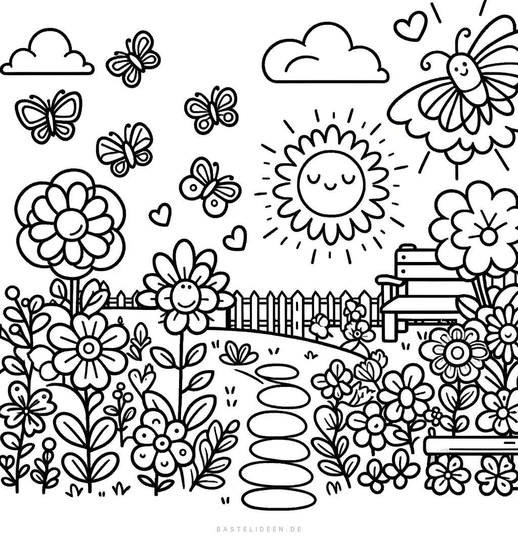 Garten mit Sonne, Schmetterlingen und lächelnden Blumen