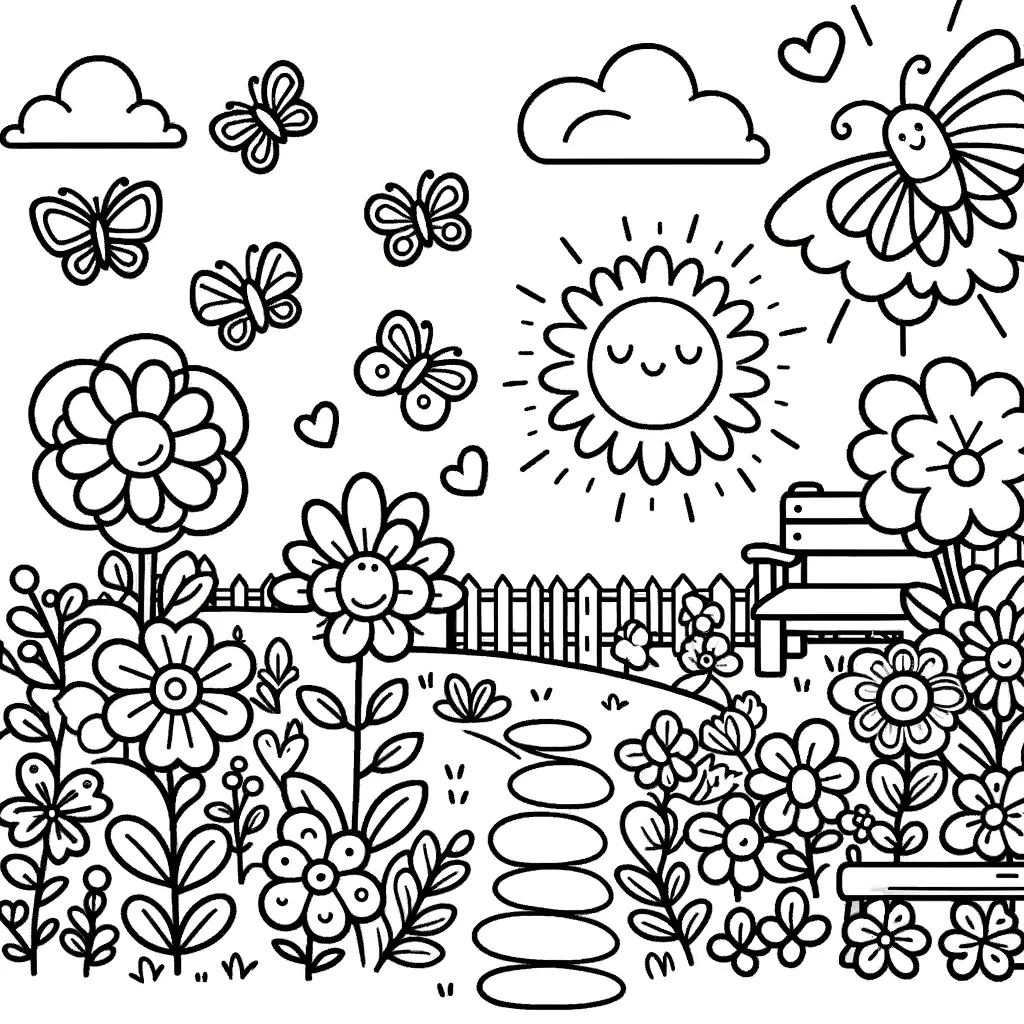 Garten mit Sonne, Schmetterlingen und lächelnden Blumen