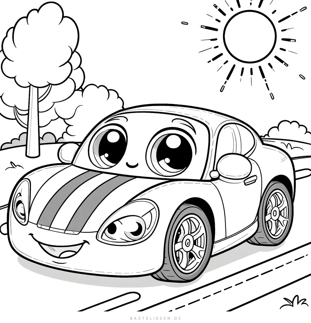 Niedlicher Cartoon-Sportwagen mit großen Augen und Lächeln
