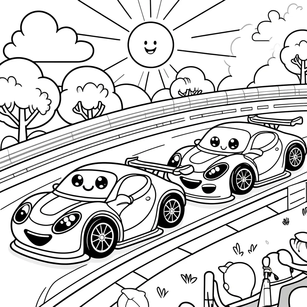 Zwei Cartoon-Sportwagen beim Rennen auf einer Rennstrecke