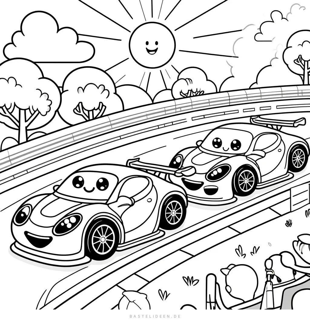 Zwei Cartoon-Sportwagen beim Rennen auf einer Rennstrecke