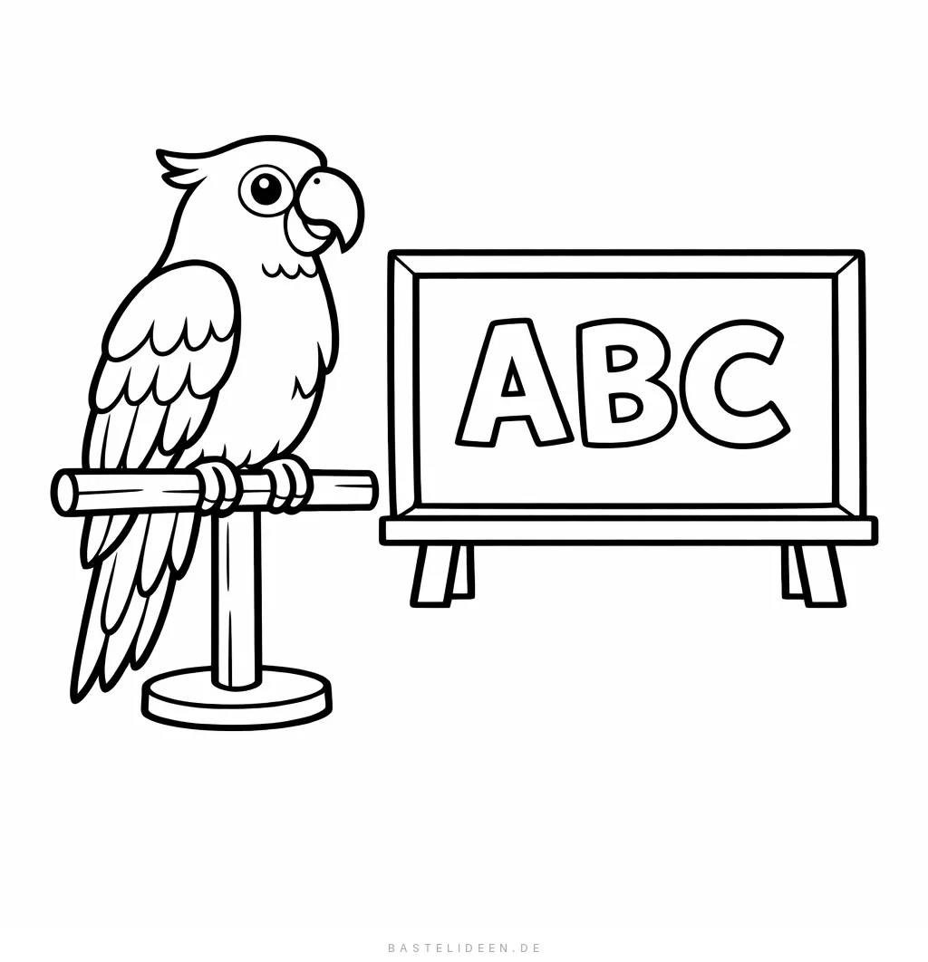 Papagei neben einer Schultafel mit ABC