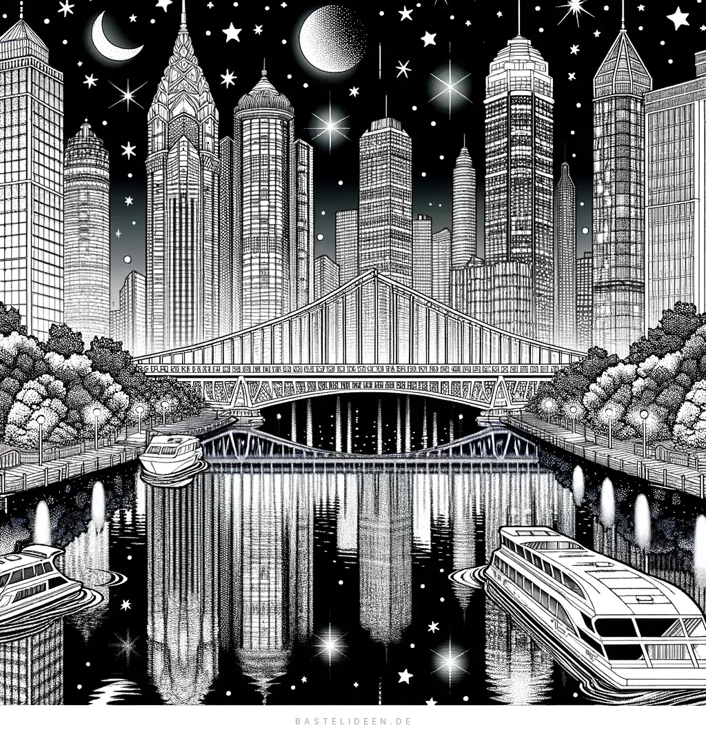 Stadtsilhouette bei Nacht mit Brücke und Booten