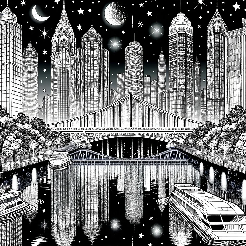 Stadtsilhouette bei Nacht mit Brücke und Booten