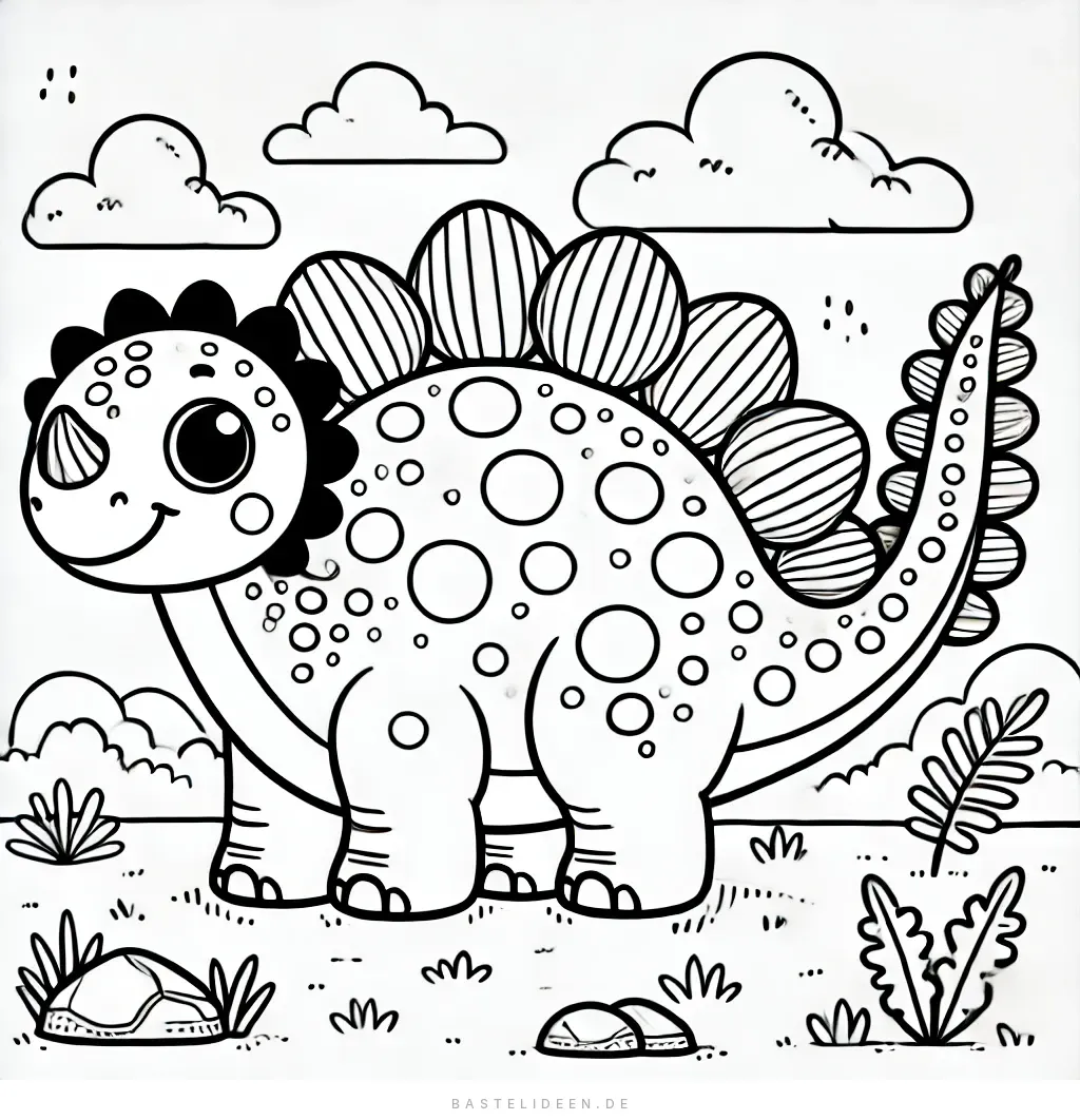 Gepunkteter Stegosaurus mit Wolken im Hintergrund