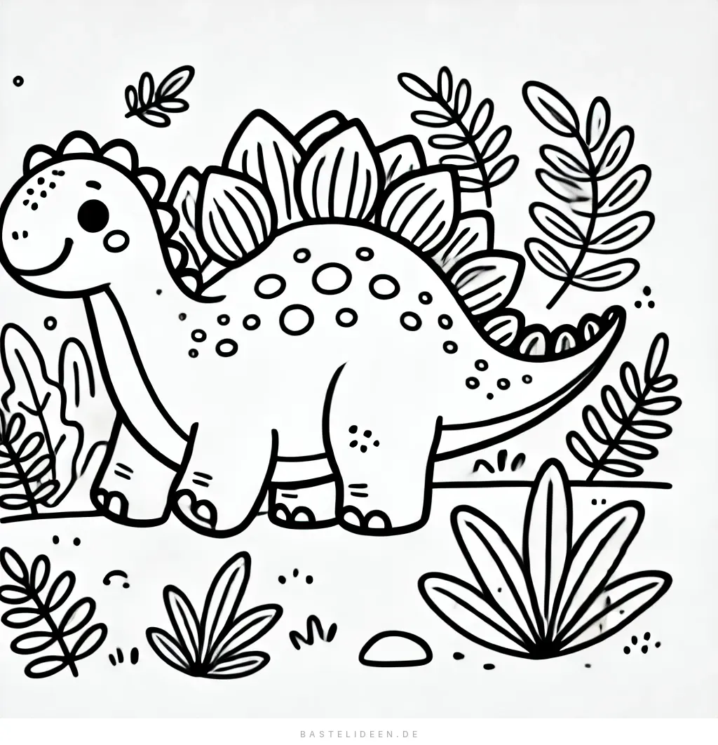 Niedlicher Stegosaurus umgeben von Blättern und Pflanzen