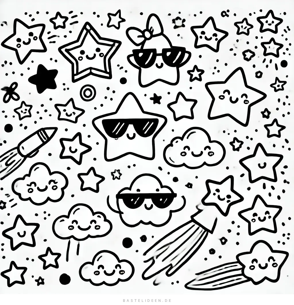 Sterne und Wolken mit Sonnenbrillen, Raketen und Sternschnuppen