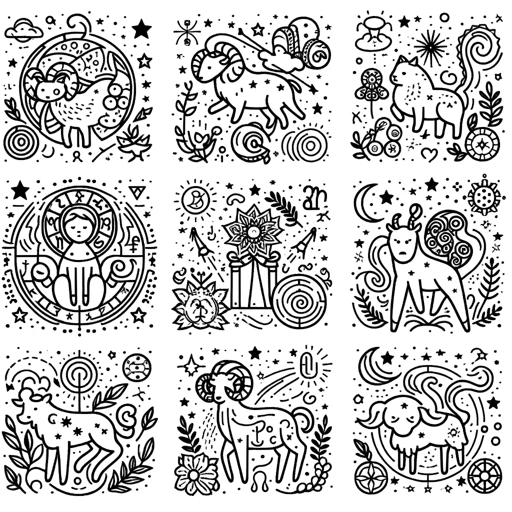 Neun Sternzeichen in kunstvollen Rahmen mit Sternen und Monden