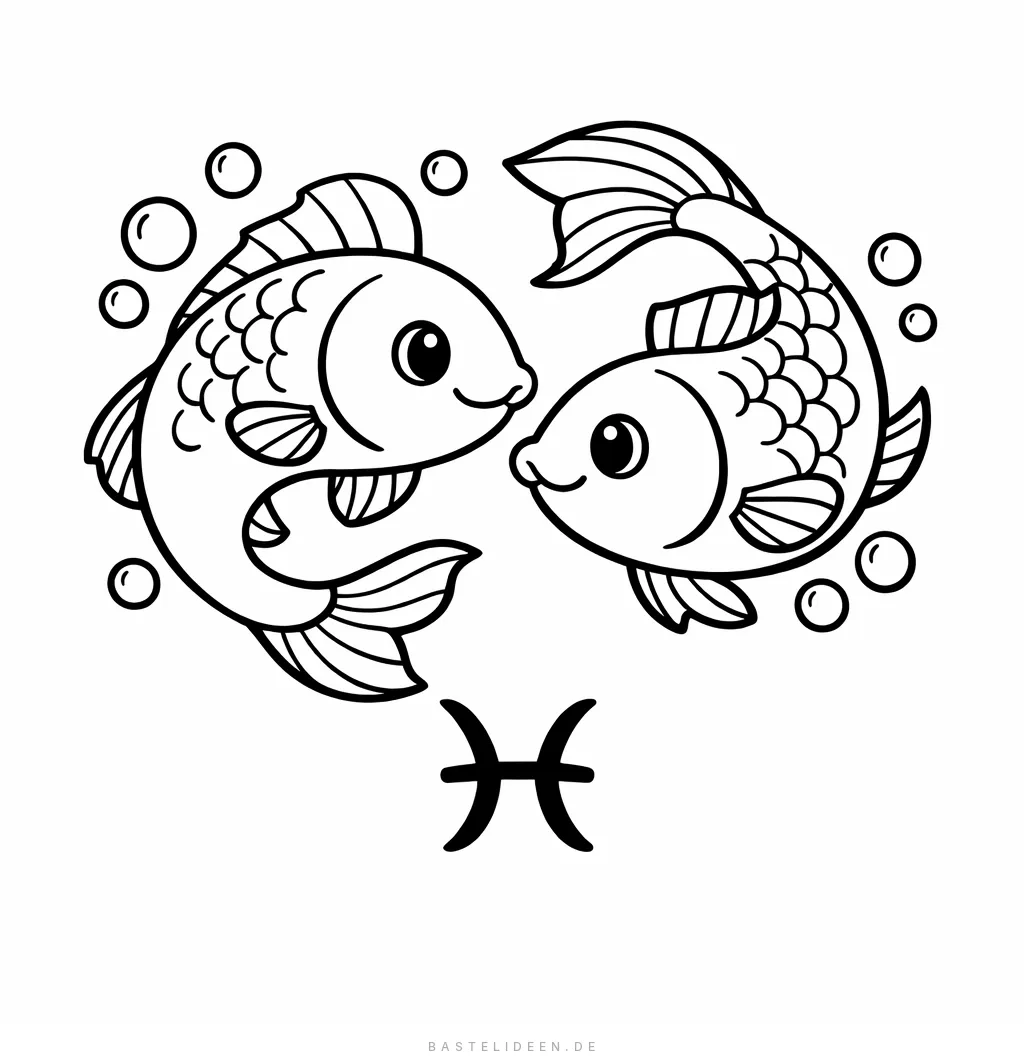 Zwei Fische schwimmen im Kreis mit Blasen und Fische-Symbol