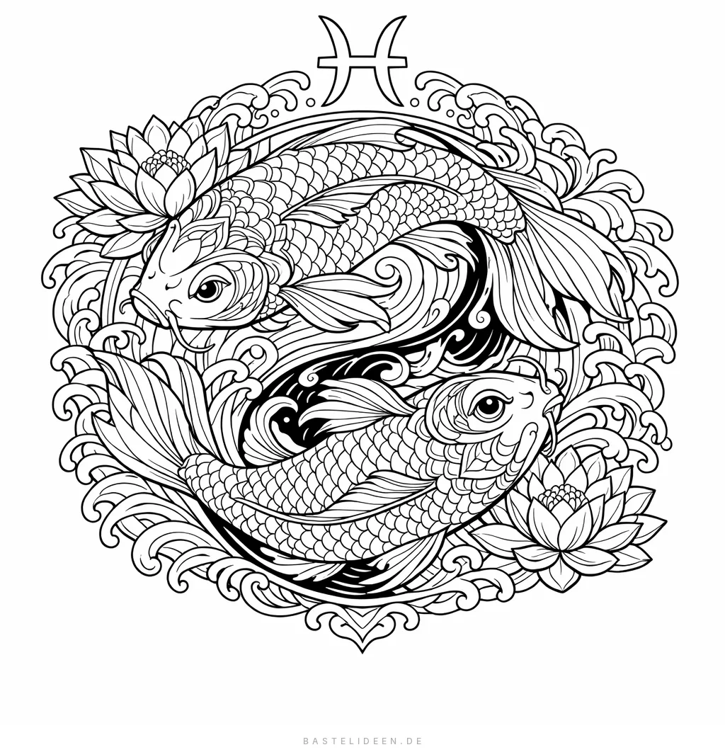 Zwei Koi-Fische im Yin-Yang-Kreis mit Lotusblumen und Wellen