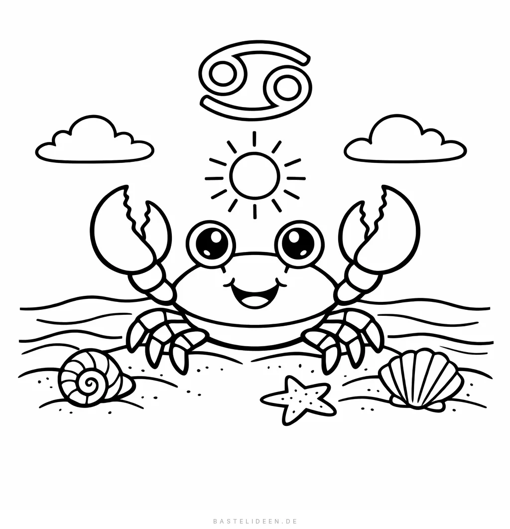 Niedliche Krabbe am Strand mit Muscheln