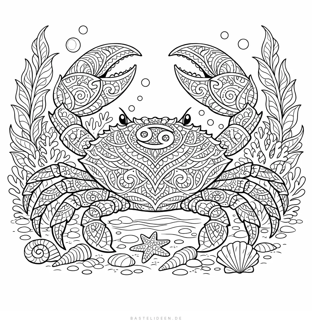 Filigrane Krabbe mit Muschelmustern und Seetang