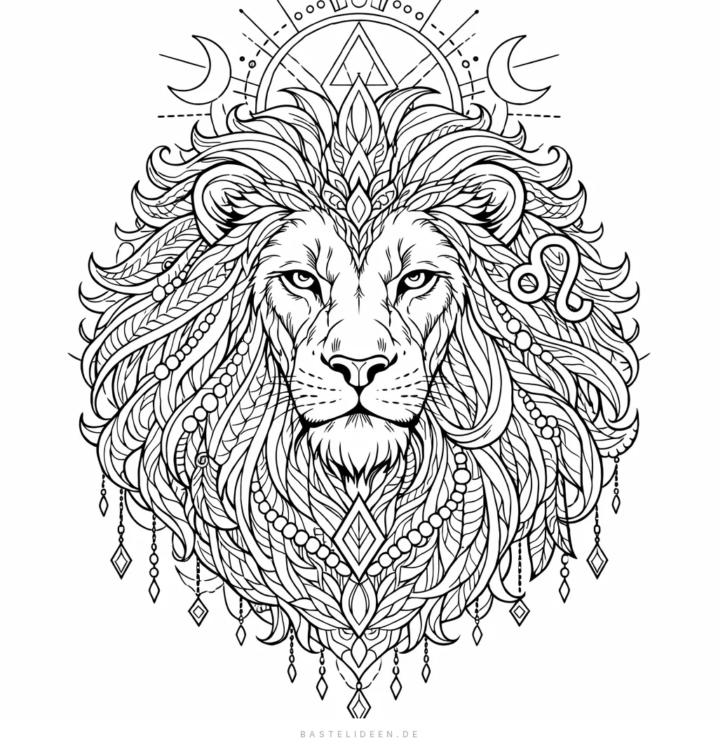 Majestätischer Löwenkopf mit ornamentaler Mähne und geometrischen Details