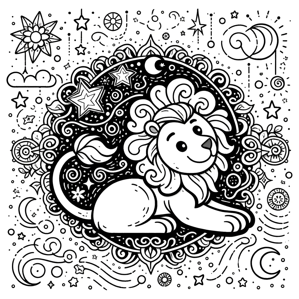 Verspielter Löwe mit Sternen und Monden umgeben