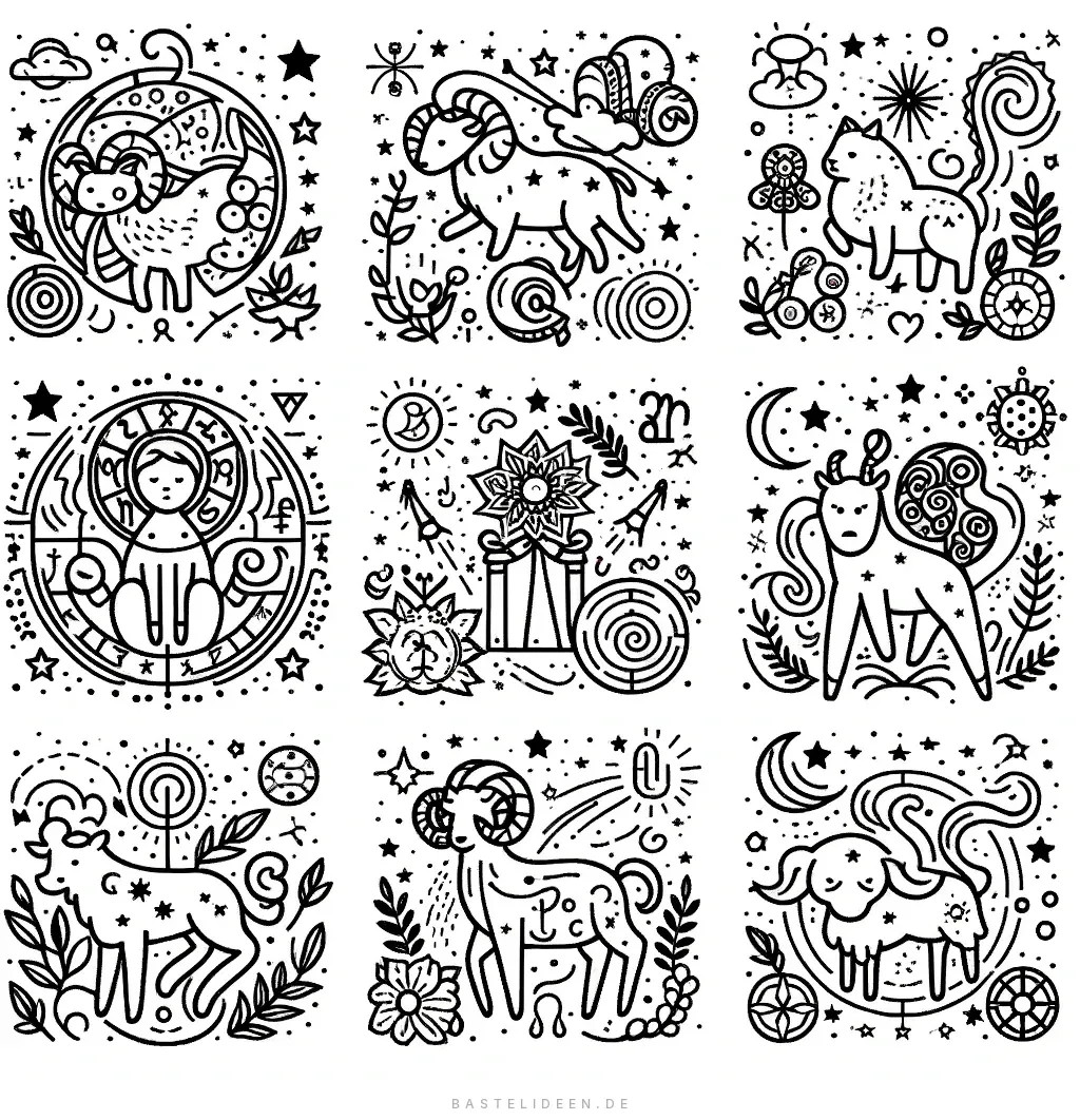 Neun Sternzeichen in kunstvollen Rahmen mit Sternen und Monden