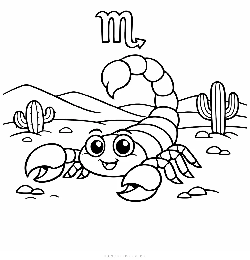 Fröhlicher Skorpion in der Wüste mit Kakteen