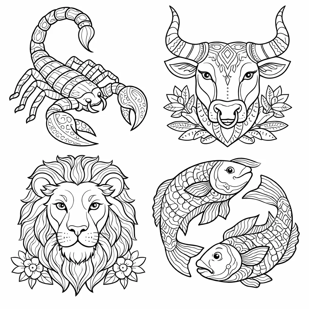 Vier Sternzeichen in Kacheln: Skorpion, Stier, Löwe und Fische mit Blumen