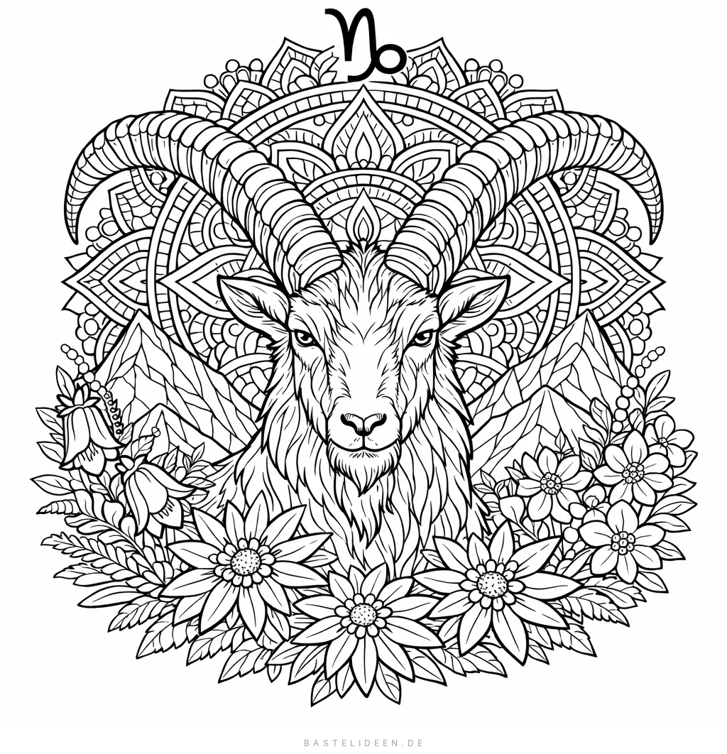 Steinbock mit Alpenblumen und Mandala-Verzierungen