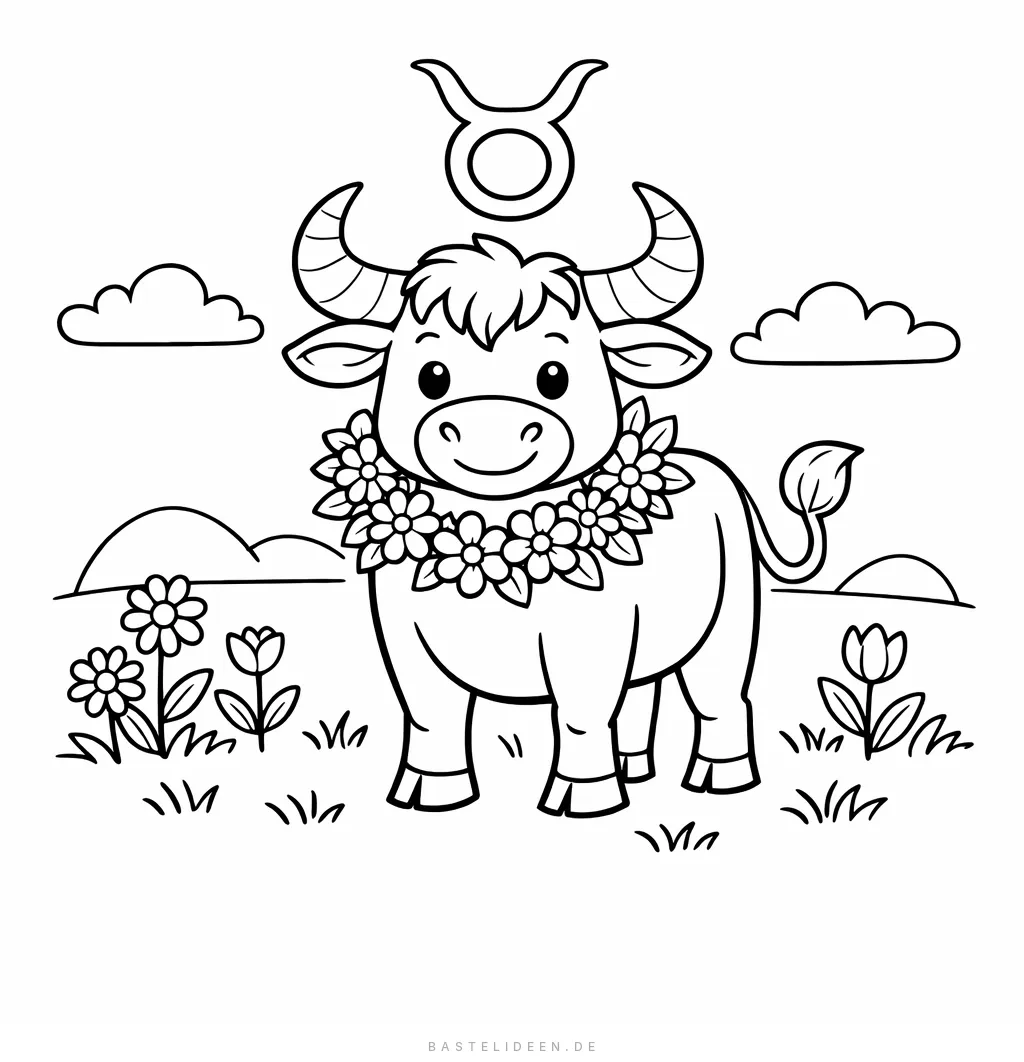 Freundlicher Stier mit Blumenkranz auf einer Wiese