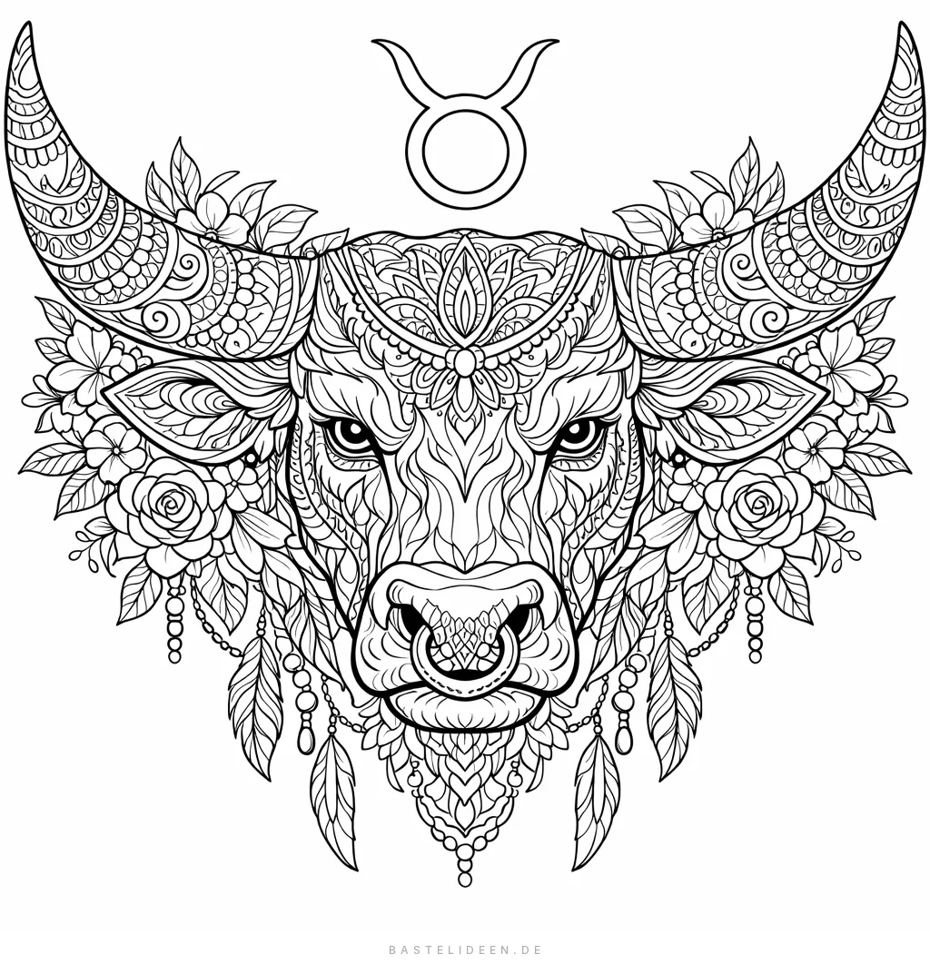 Detaillierter Stierkopf mit floralen Verzierungen