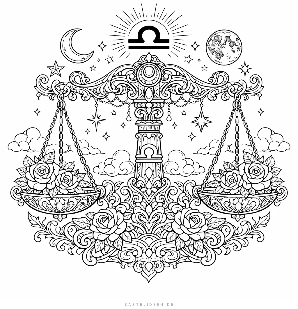 Kunstvolle Waage mit Rosen, Schnörkeln und Mond und Sonne