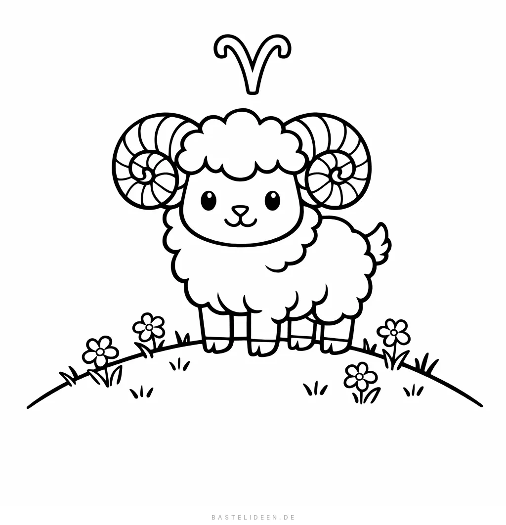 Widder auf einer Wiese mit Blumen und Tierkreiszeichen-Symbol