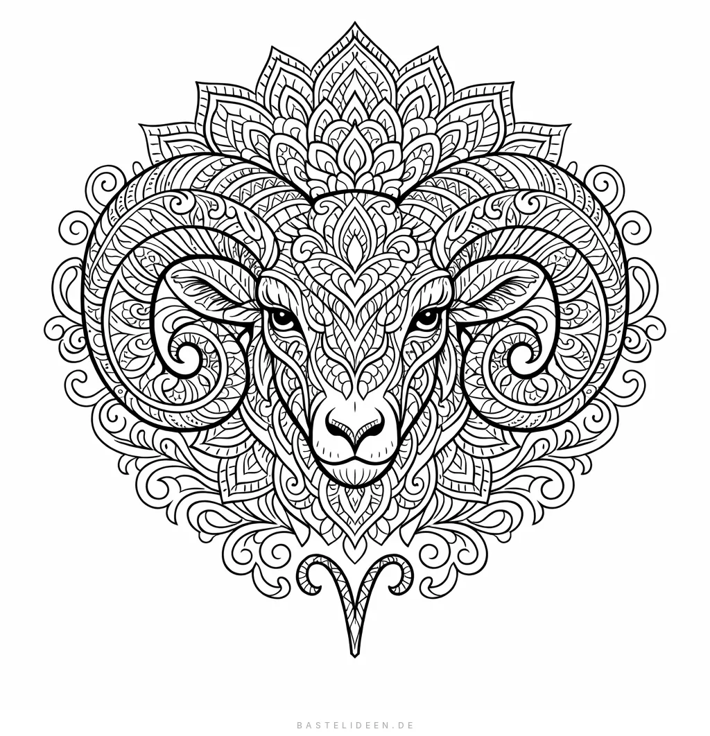 Ornamentaler Widderkopf mit Mandala-Mustern und geschwungenen Hörnern