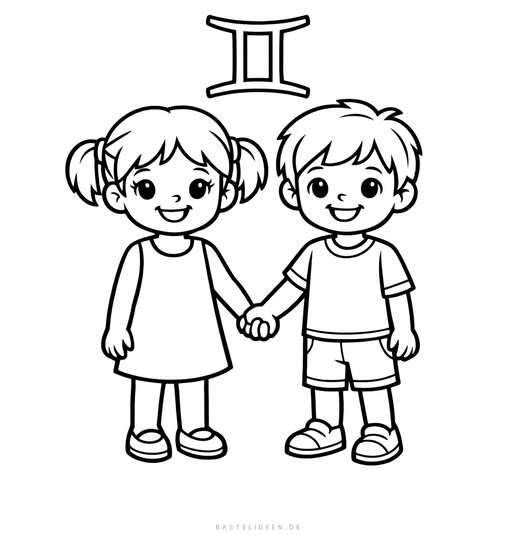 Zwei Kinder halten Händchen unter dem Zwillinge-Symbol