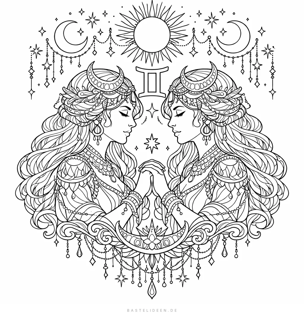 Symmetrische Zwillingsfiguren mit himmlischen Ornamenten