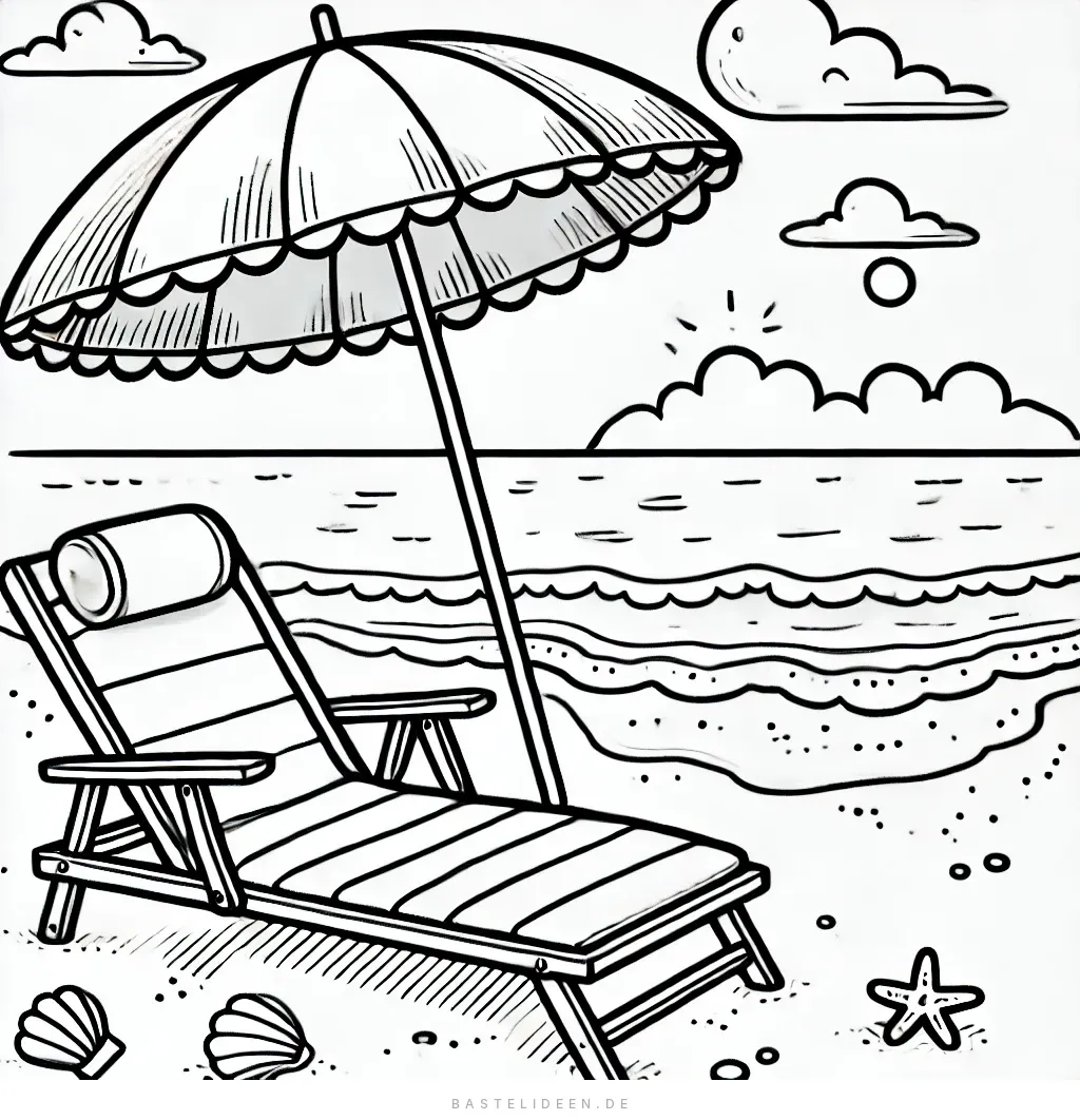 Liegestuhl unter Sonnenschirm am Strand