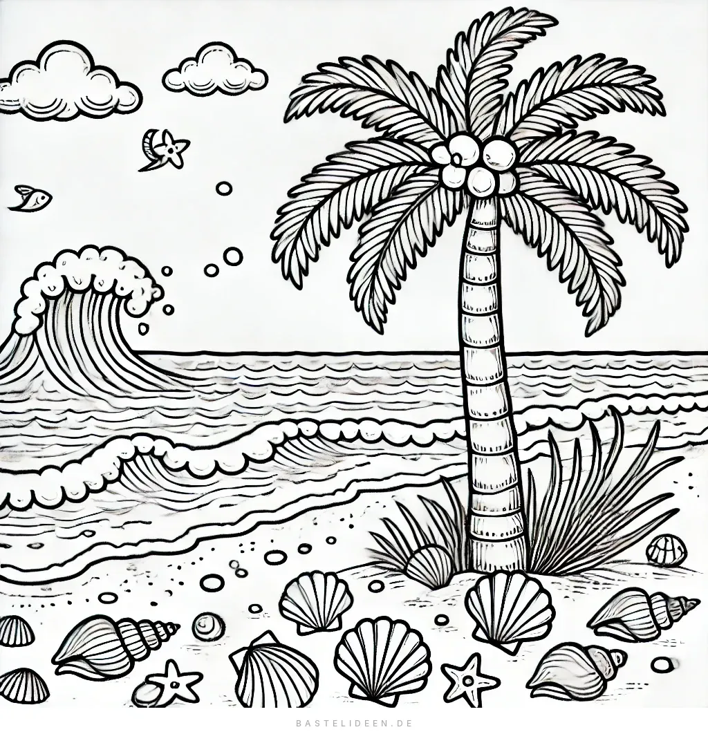 Strand mit Palme, Wellen und verstreuten Muscheln