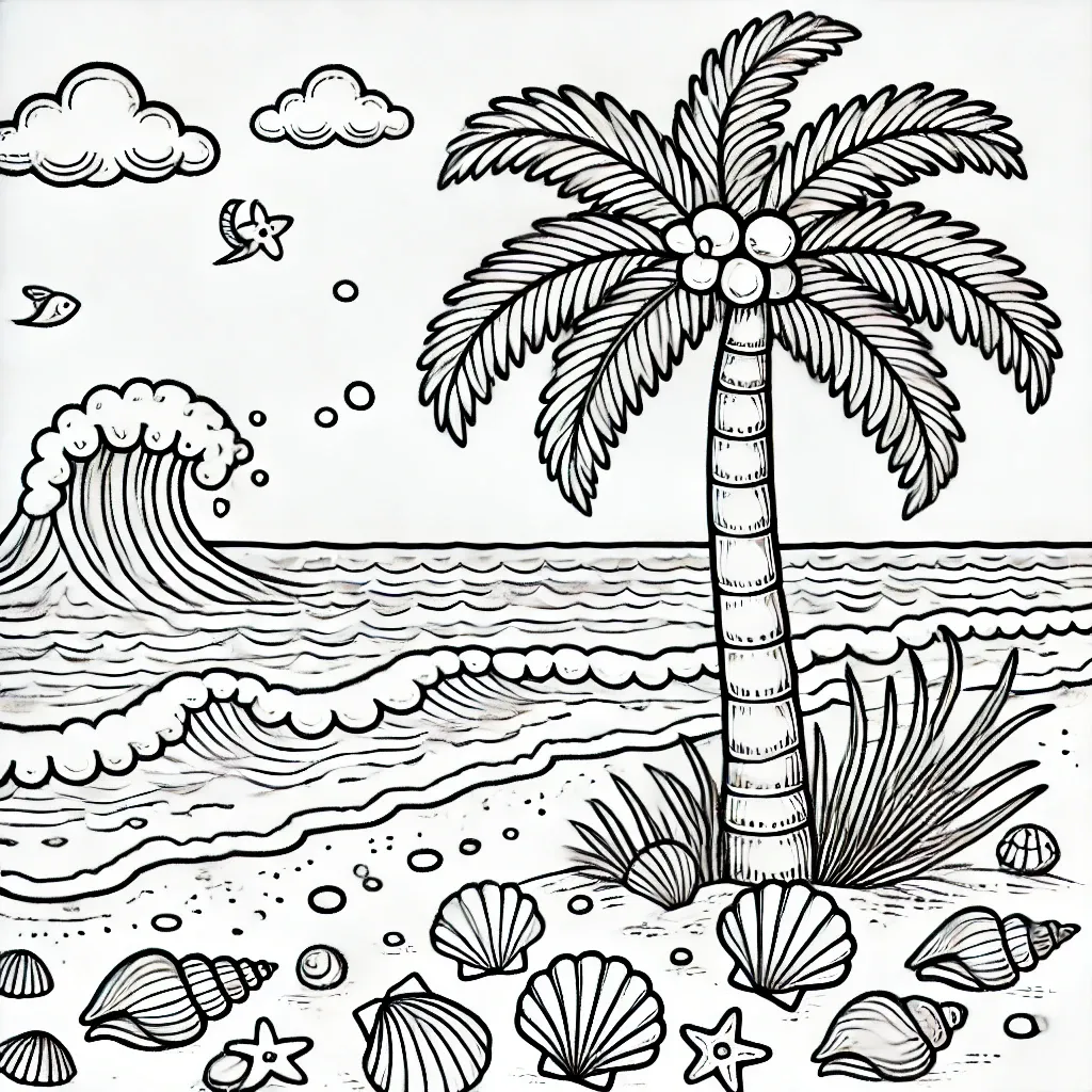 Strand mit Palme, Wellen und verstreuten Muscheln