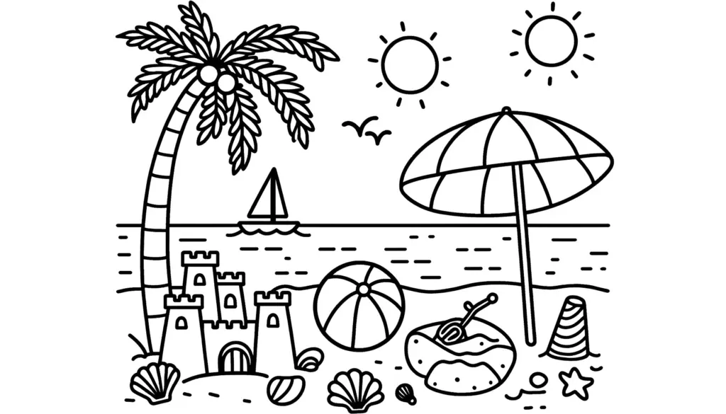 Strandszene mit Palme, Sandburg und Sonnenschirm