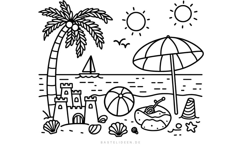 Strandszene mit Palme, Sandburg und Sonnenschirm