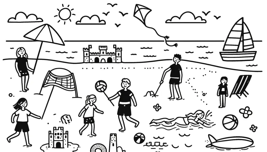 Familien am Strand beim Volleyball spielen und Baden