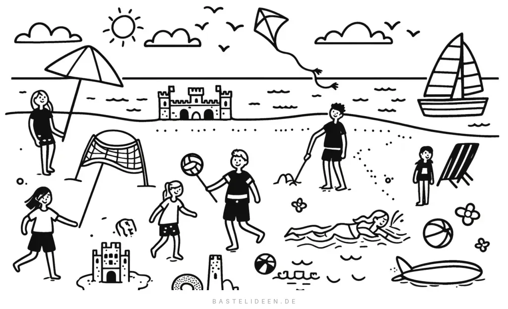 Familien am Strand beim Volleyball spielen und Baden