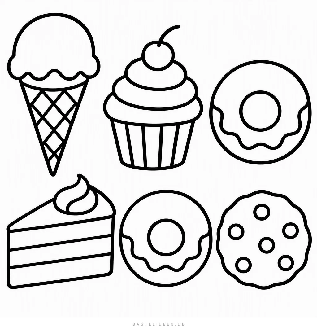 Eis, Cupcake, zwei Donuts, Kuchenstück und Keks