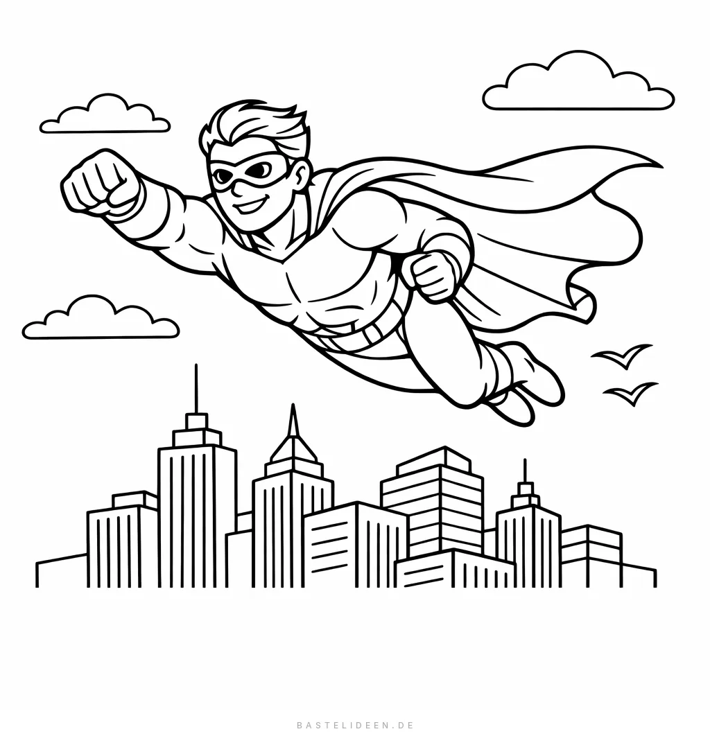 Superheld fliegt über die Stadt