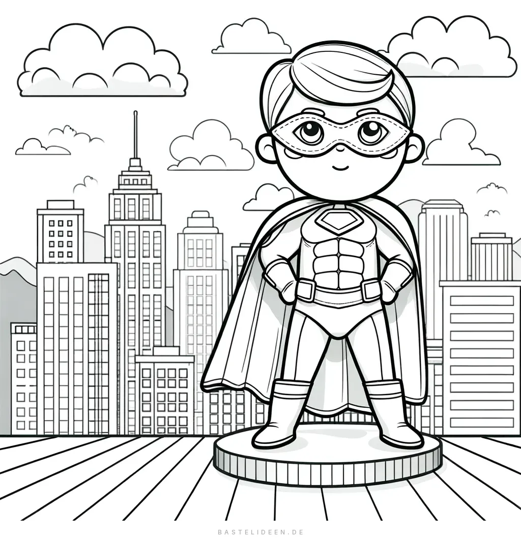 Junger Superheld mit Umhang auf Dach vor Stadtsilhouette