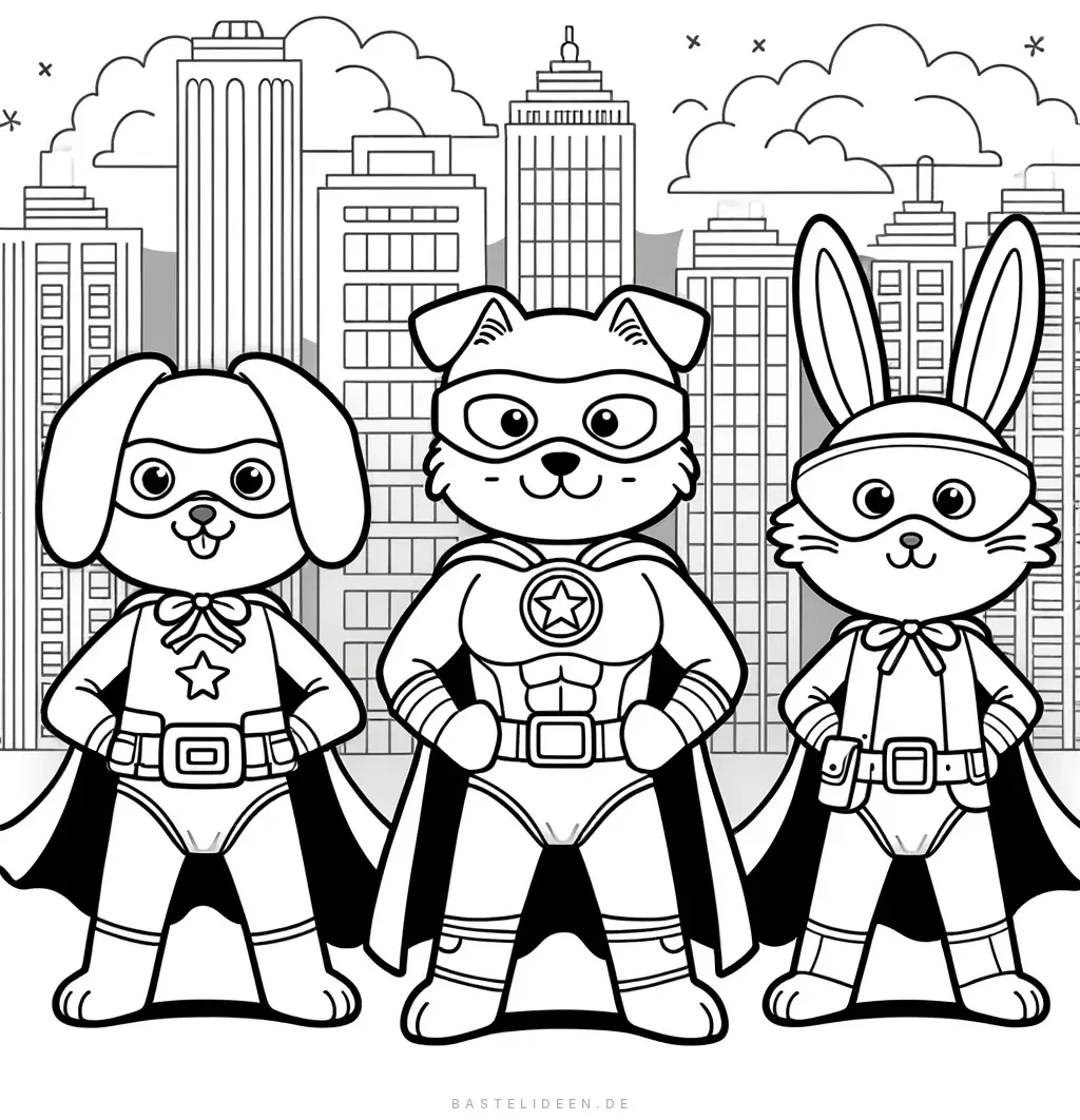 Hund, Katze und Hase als Superhelden vor Stadtkulisse
