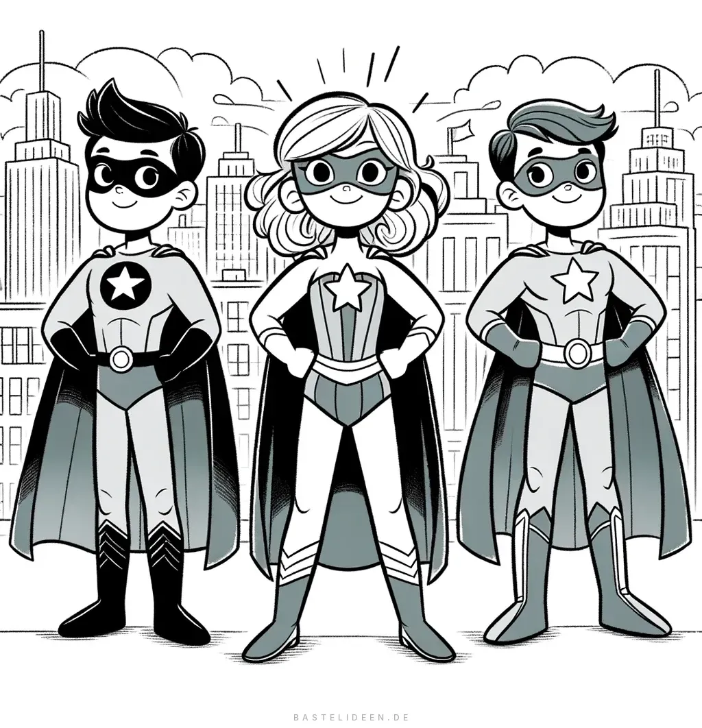 Drei junge Superhelden mit Umhängen vor Stadtkulisse