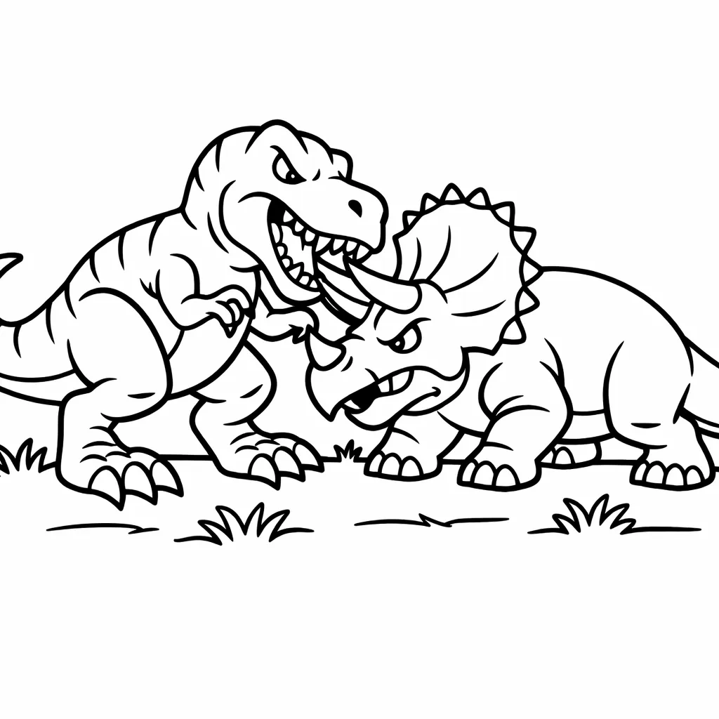 T-Rex und Triceratops im Kampf auf einer Wiese