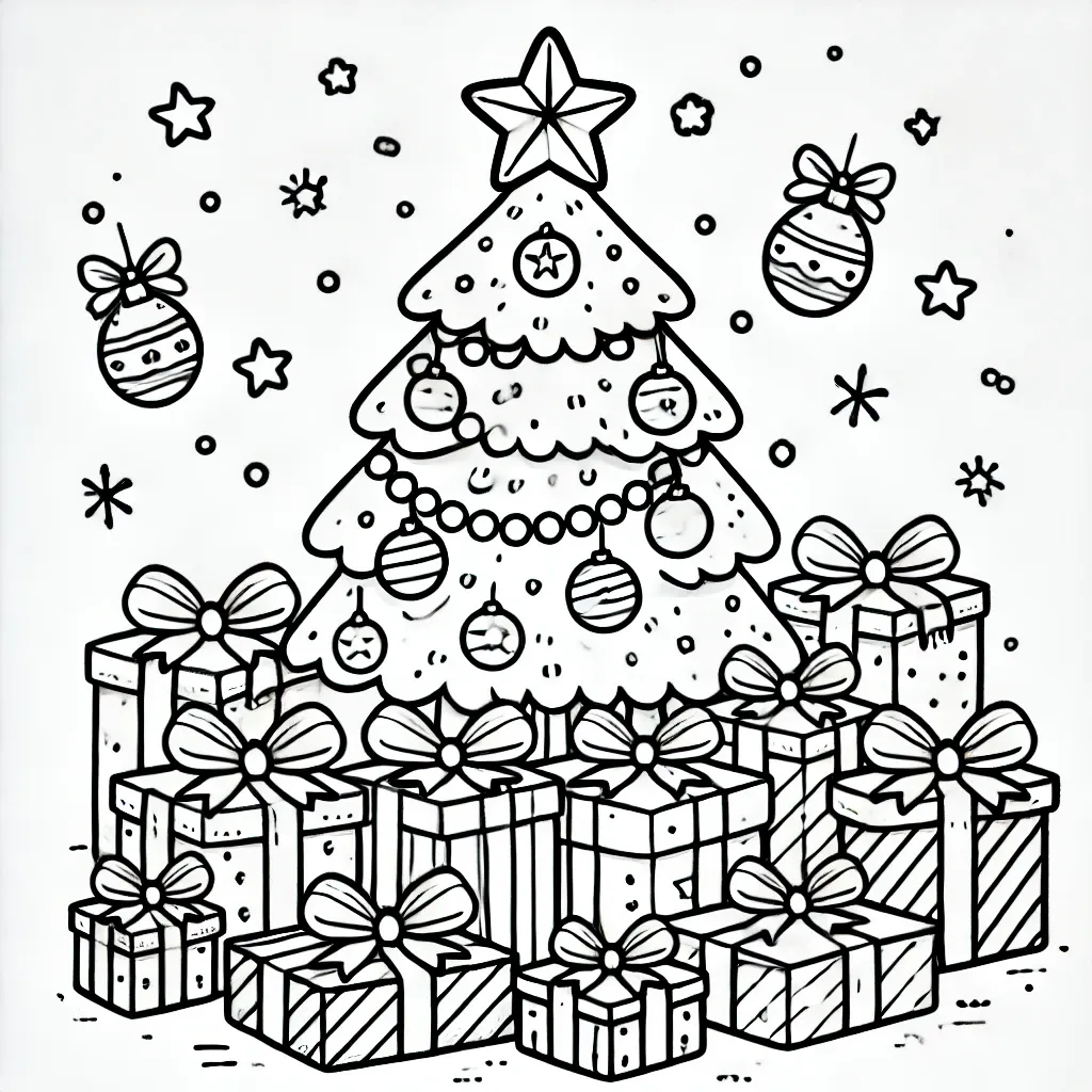 Geschmückter Tannenbaum umgeben von vielen verpackten Geschenken