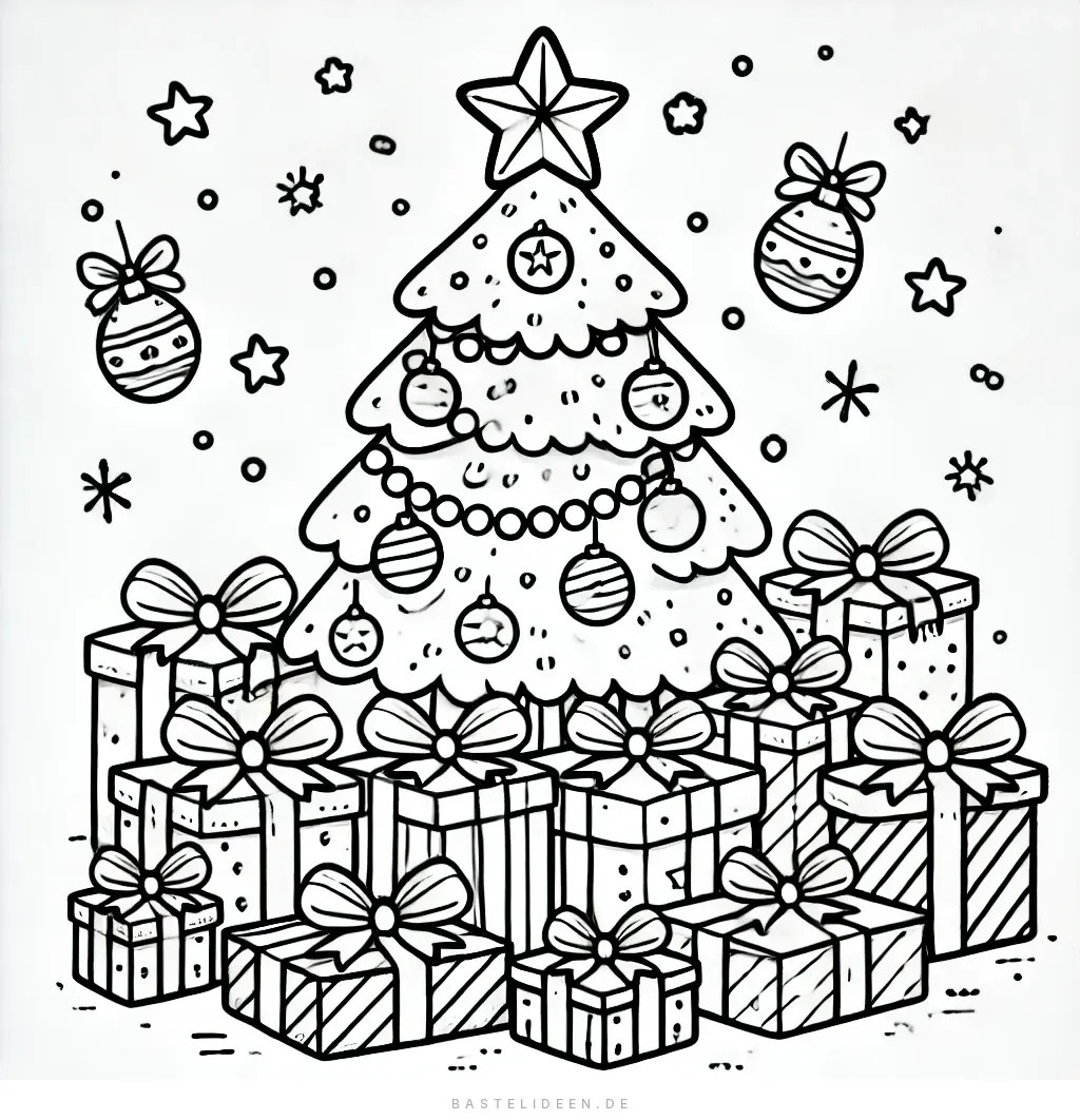 Geschmückter Tannenbaum umgeben von vielen verpackten Geschenken