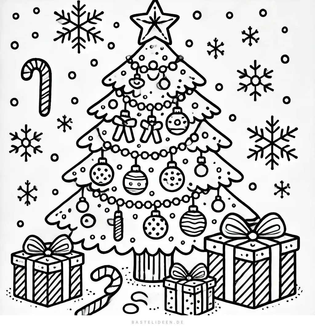 Geschmückter Weihnachtsbaum mit Kugeln, Girlanden und Geschenken