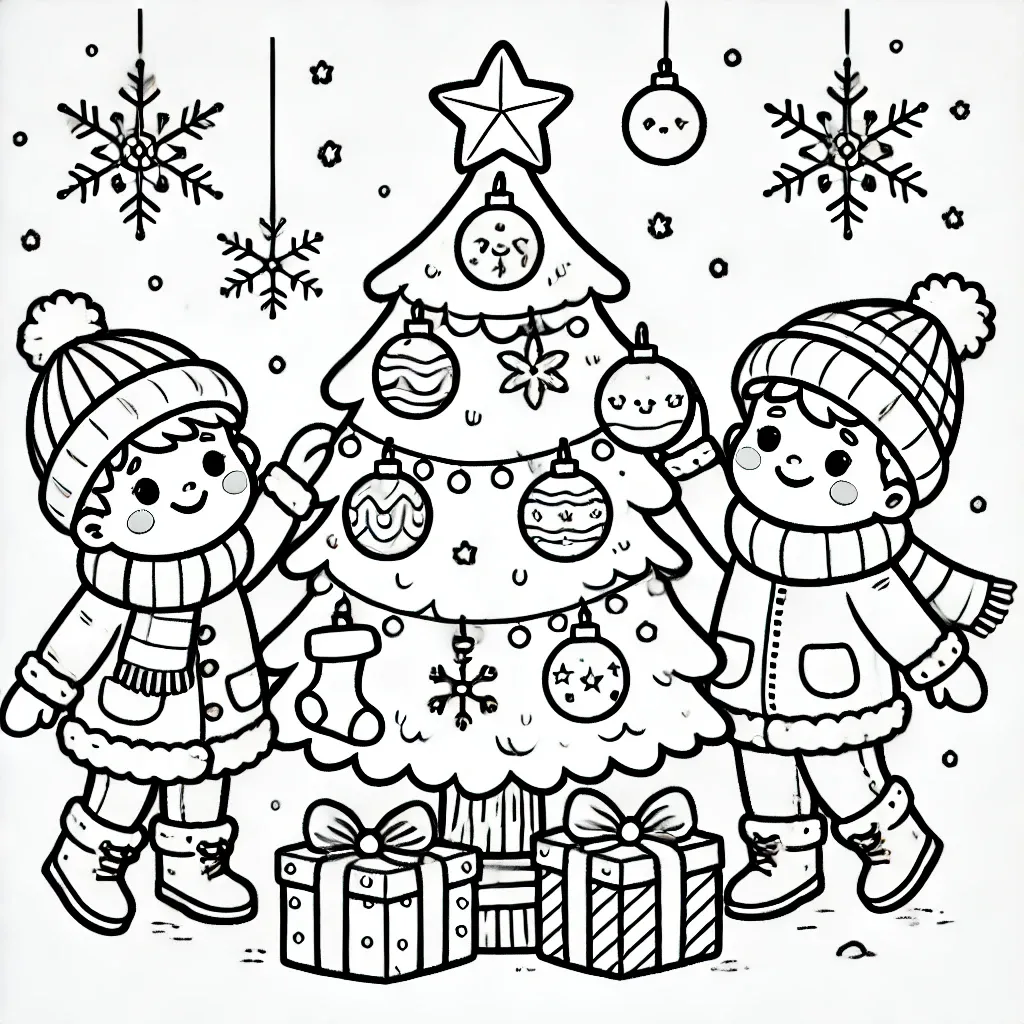 Zwei fröhliche Kinder schmücken einen Weihnachtsbaum mit Schneeflocken