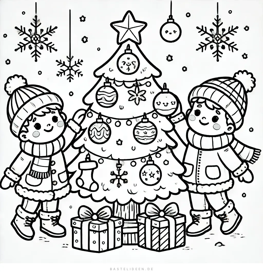 Zwei fröhliche Kinder schmücken einen Weihnachtsbaum mit Schneeflocken
