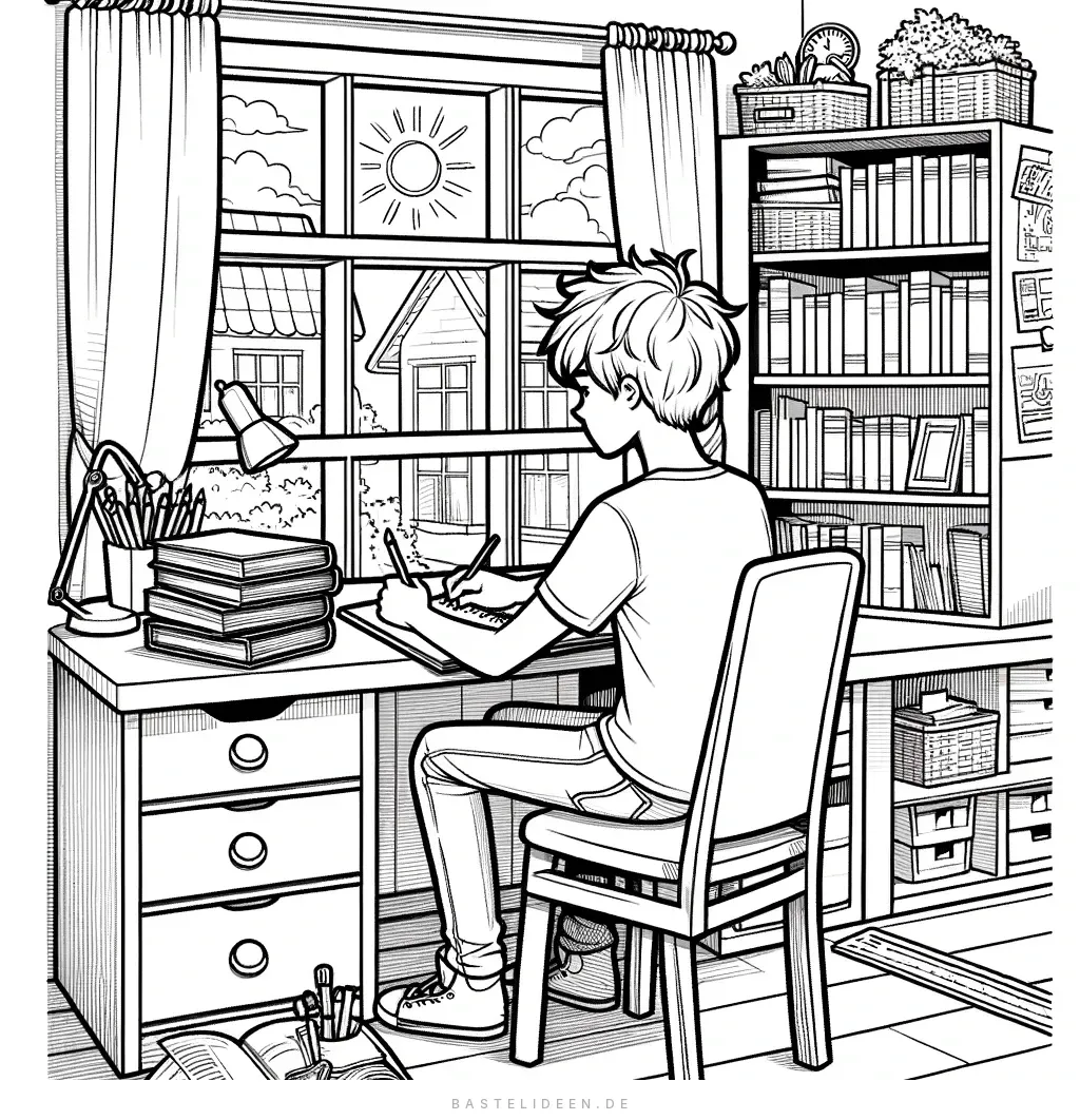 Teenager lernt am Schreibtisch mit Büchern