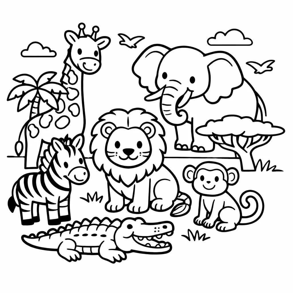 Afrikanische Tiere mit Loewe, Elefant, Giraffe und Zebra in der Savanne